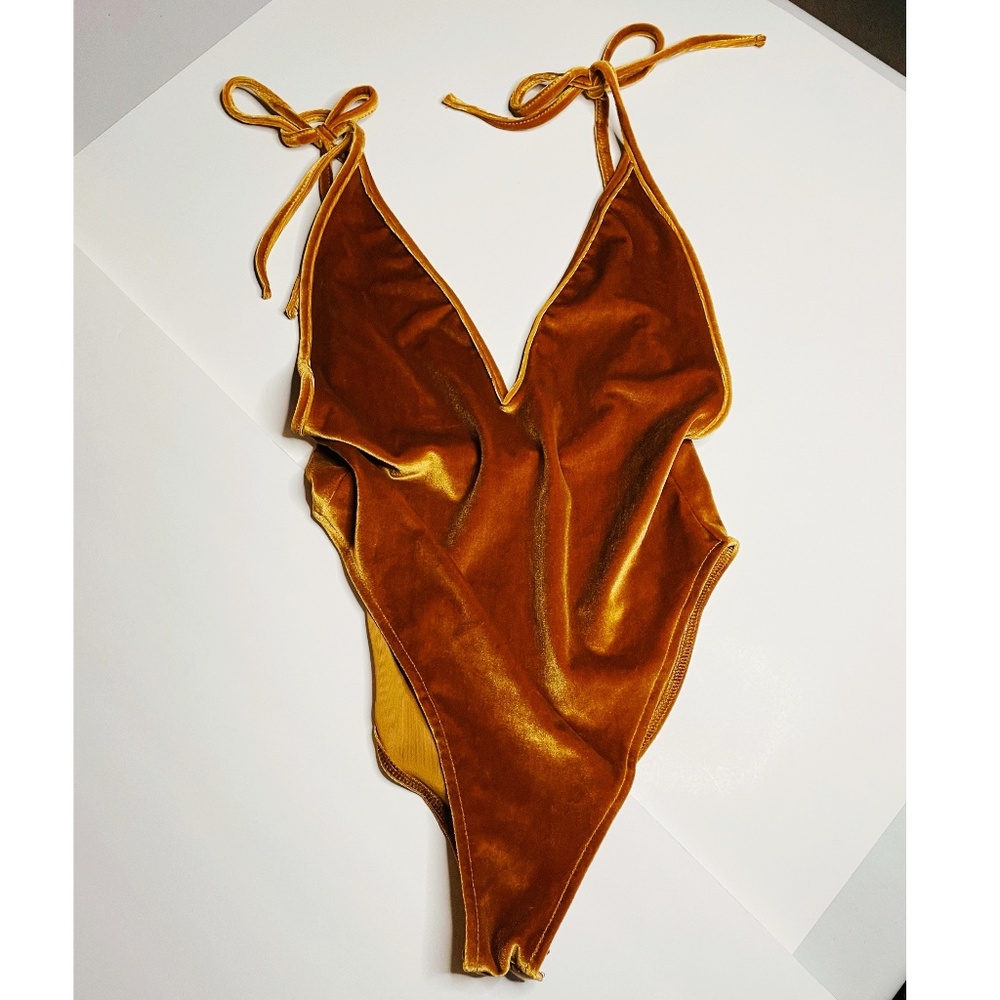 NWOT F21 Bronze Velvet Bodysuit with Adjustable Tie Shoulders